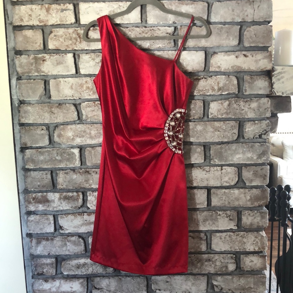 Teeze Me red sheer side asymmetrical strap dress
